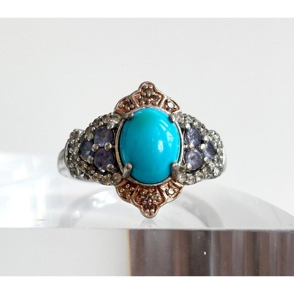 Tanzanite & Sleeping Beauty Turquoise Vintage Multi Sterling Silver Ring - sz 10 - Picture 1 of 10